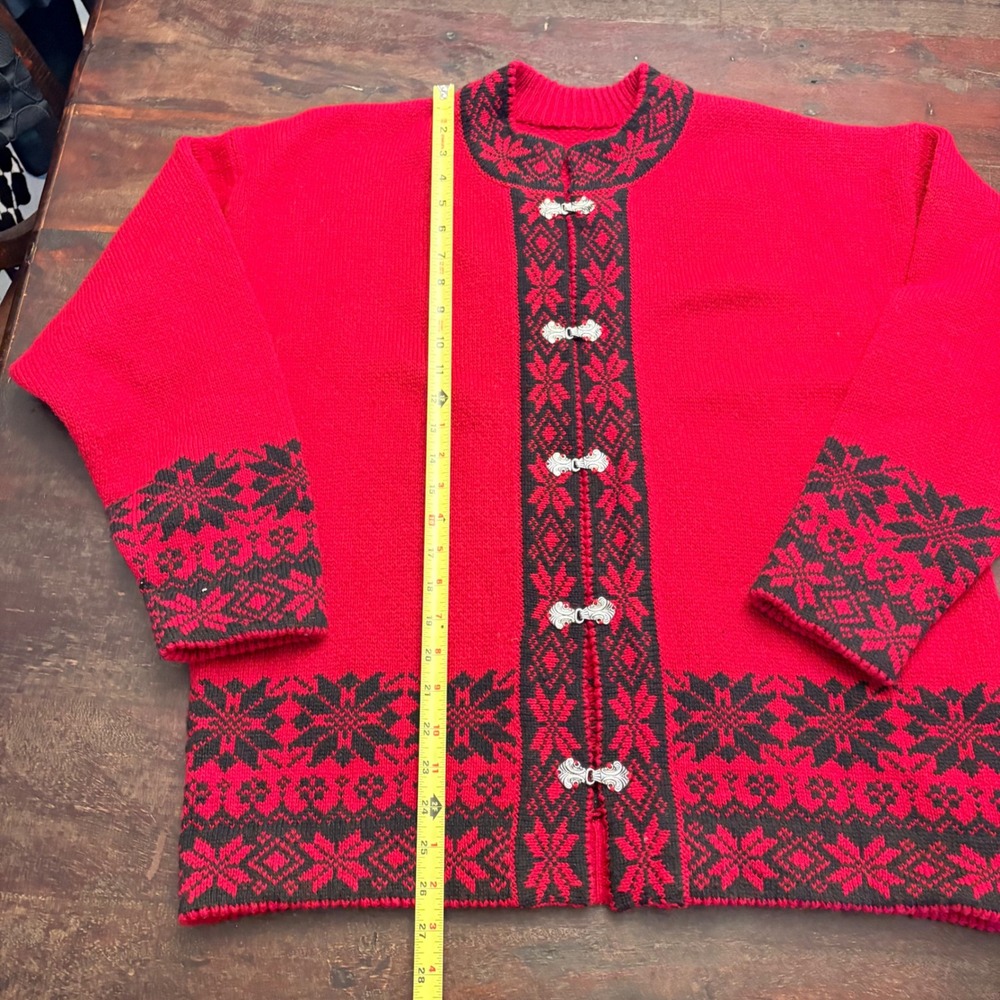 Vintage Norwegian Red Fair Isle Cardigan Sweater Metal Clasps Nordic Winter XL - Picture 7 of 10